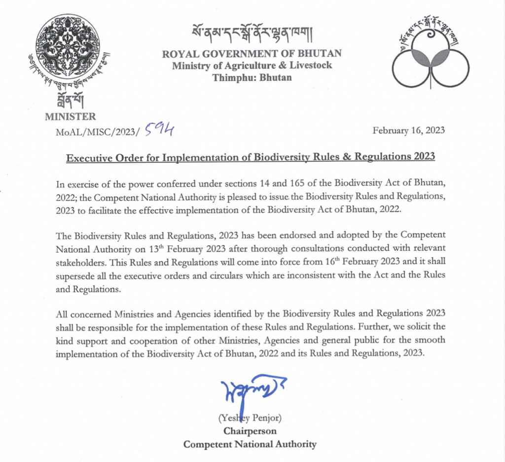 Executive Order for Implementation of the Biodiversity Rules & Regulations 2023